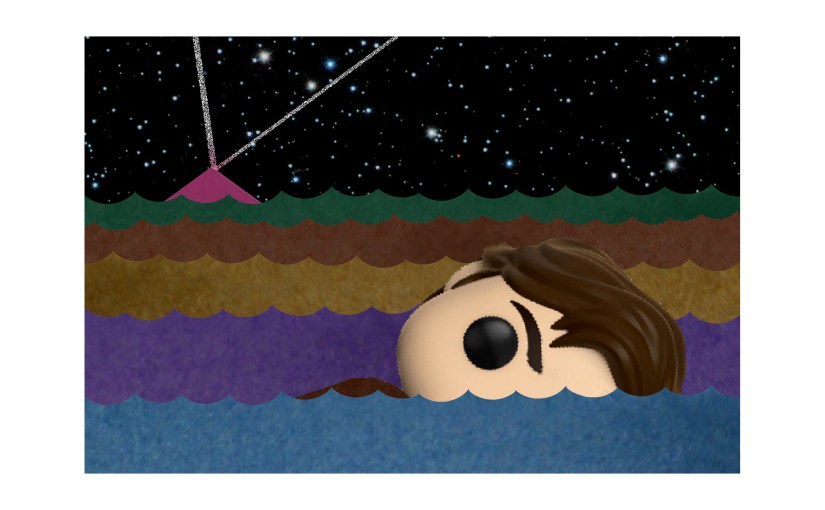 Illustration: searchlights on roof of house behind drowning Bobblehead