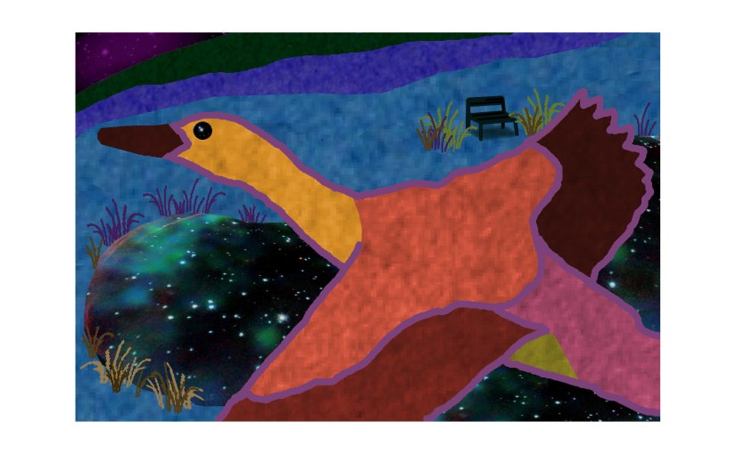 Illustration: duck flying over pond at night