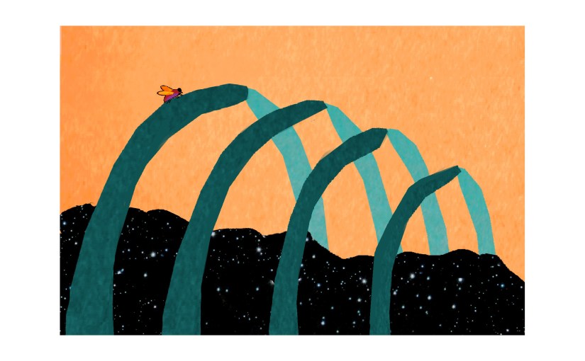 Illustration: house fly perched on ribs above corpse made of the universe