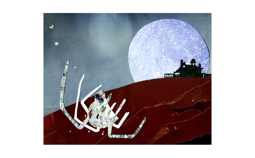 Illustration: moonrise behind house on hill in background, spider made of diamonds in foreground