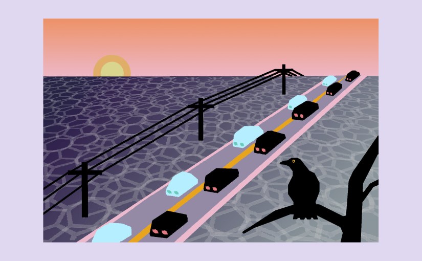 Illustration: crow at sunset watching ant-train of cars on an elephant landscape