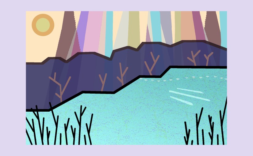 Illustration: animal tracks crossing frozen lake