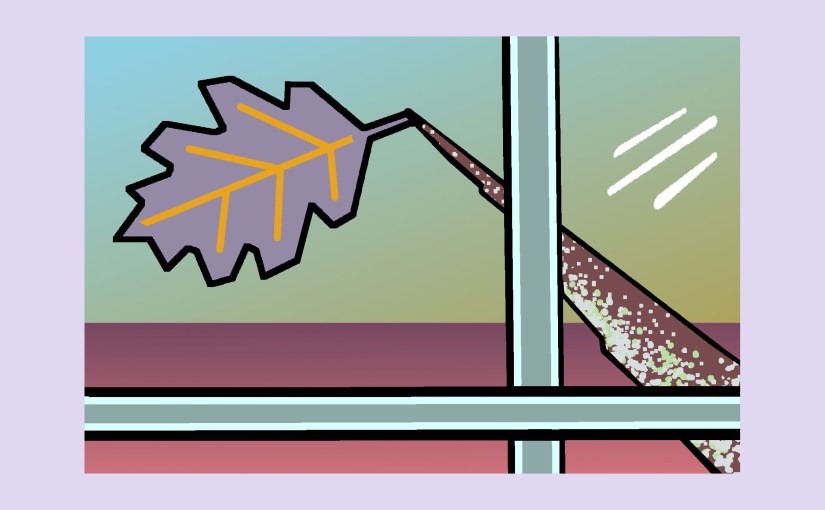 Illustration: window scene - last oak leaf clinging to a branch