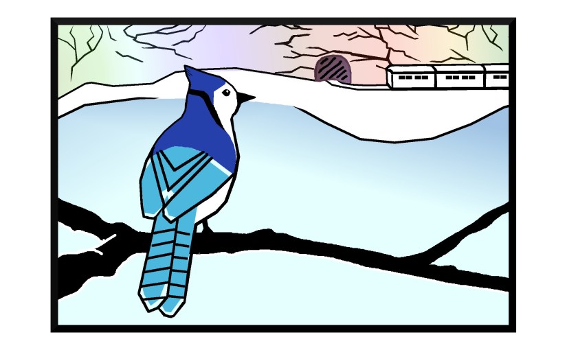 Illustration: blue jay watching train pass lake