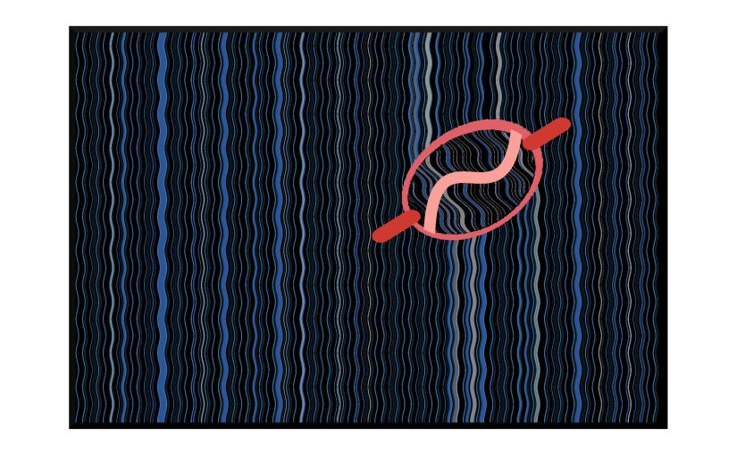 Illustration: coral-colored barette holding blue and black waves of hair