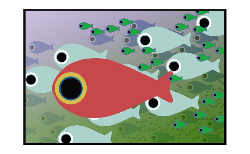 Illustration: intermingling schools of fish with large black eyes