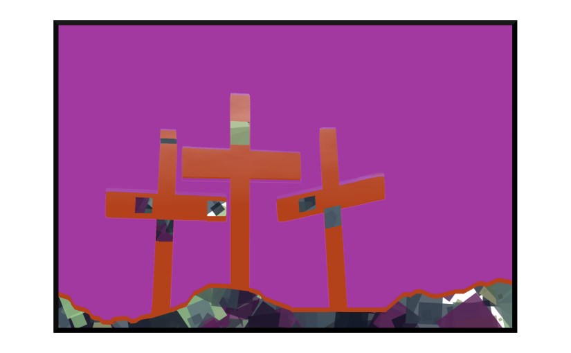 Illustration: three crosses on a hillside with a fuchsia sky
