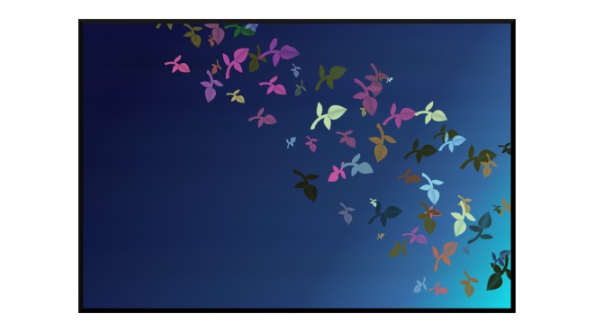 Illustration: leaves floating on water looking as though they are falling through outer space