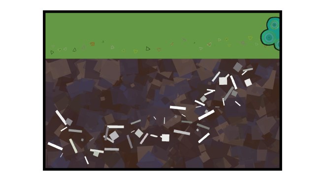 Illustration: little bones traveling through soil to reach a butterfly