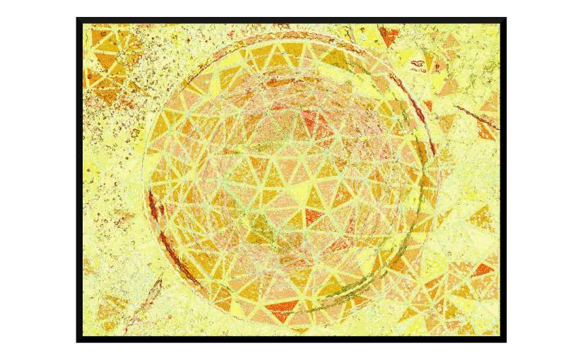 Illustration: birdbath photo digitally manipulated into mosaic of yellow and orange triangles