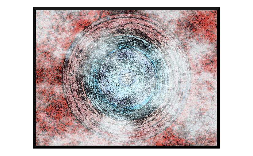 Illustration: birdbath photo digitally manipulated to resemble a color-reversed cigarette end or a burning landscape seen through clouds