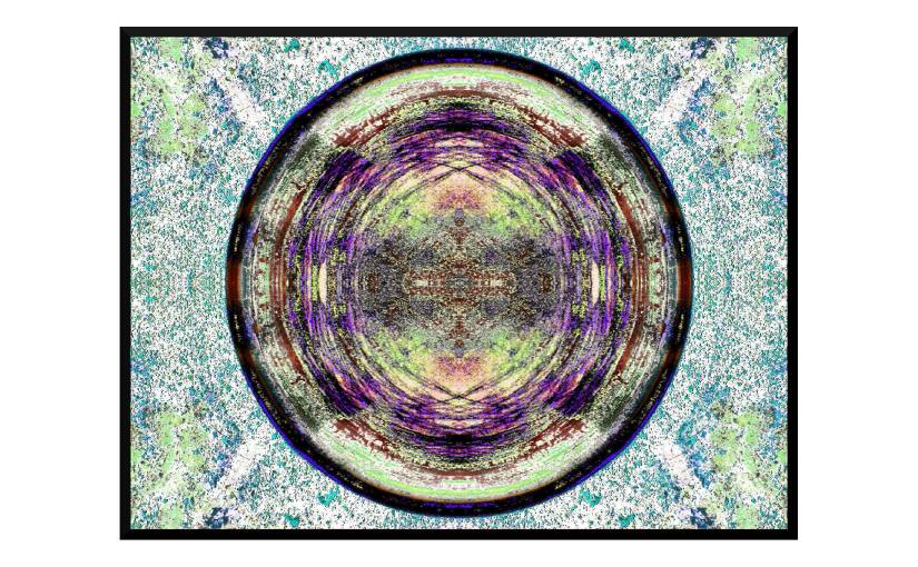 Illustration: birdbath photo digitally manipulated and reflected to create suggestions of human faces and tiny figures